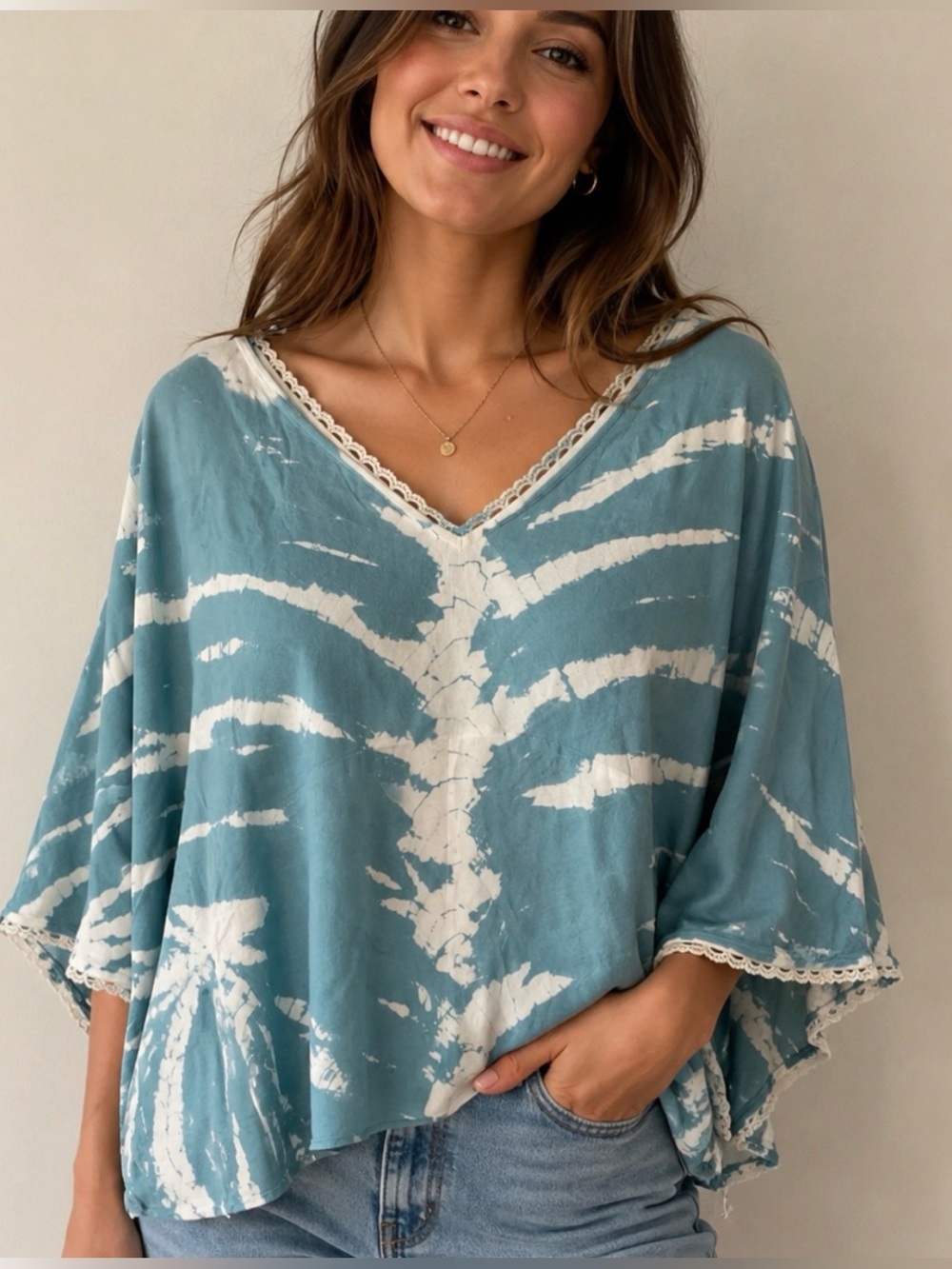 Teal and Cream Tie-Dye V-Neck Top